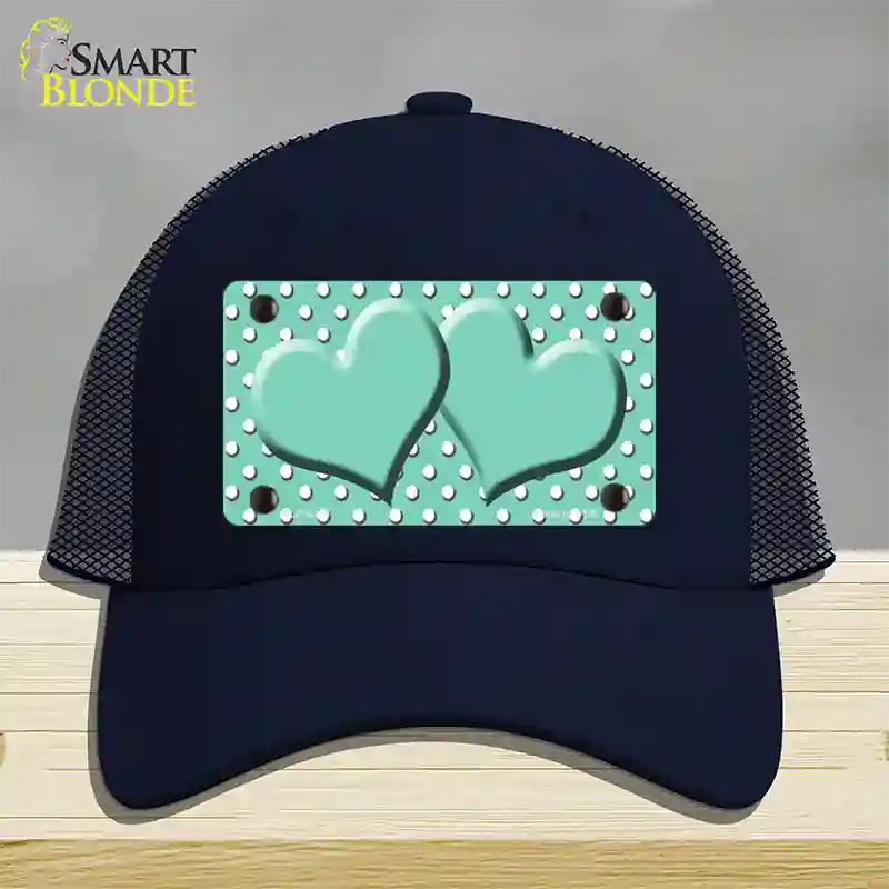 Mint White Polka Dot Center Hearts Novelty License Plate Hat Mesh / Navy