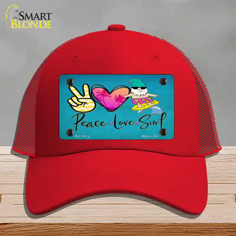 Peace Love Surf Novelty License Plate Hat Mesh / Red