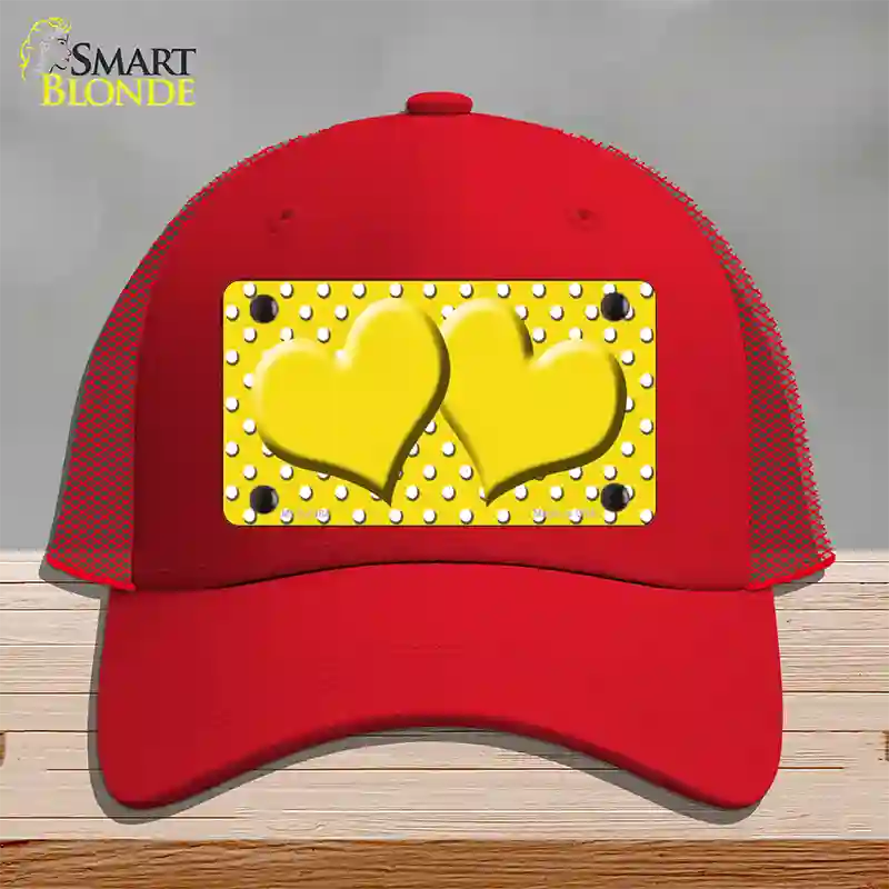 Yellow White Polka Dot Center Hearts Novelty License Plate Hat Mesh / Red