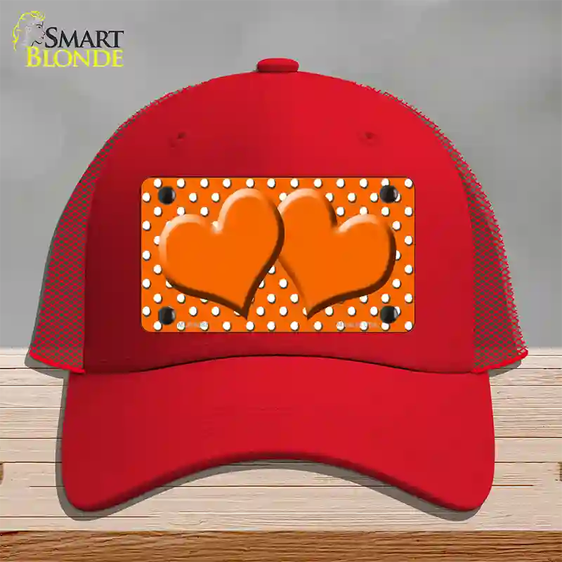 Orange White Polka Dot Center Hearts Novelty License Plate Hat Mesh / Red