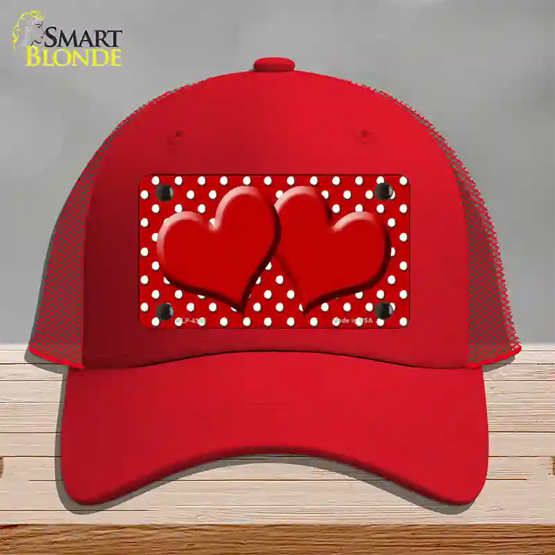 Red White Polka Dot Center Hearts Novelty License Plate Hat Mesh / Red