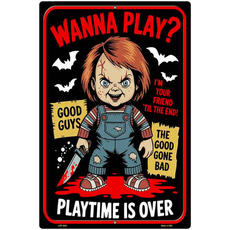 Wanna Play Chucky Metal Novelty Parking Sign P-4634