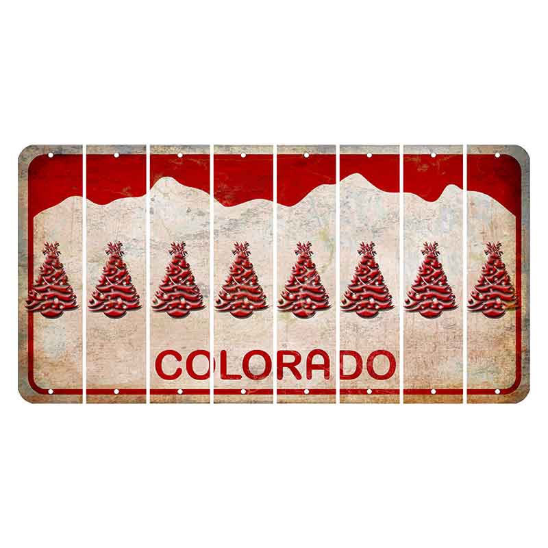 Colorado White|Red Mountains Cut License Plate Strips (Set of 8) Christmas Tree