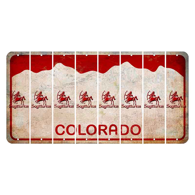 Colorado White|Red Mountains Cut License Plate Strips (Set of 8) Zodiac Sign - Sagittarius