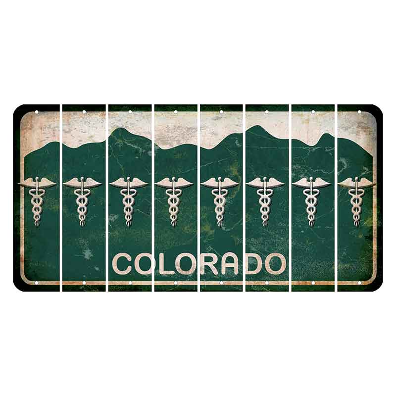 Colorado Green|White Mountains Cut License Plate Strips (Set of 8) Caduceus