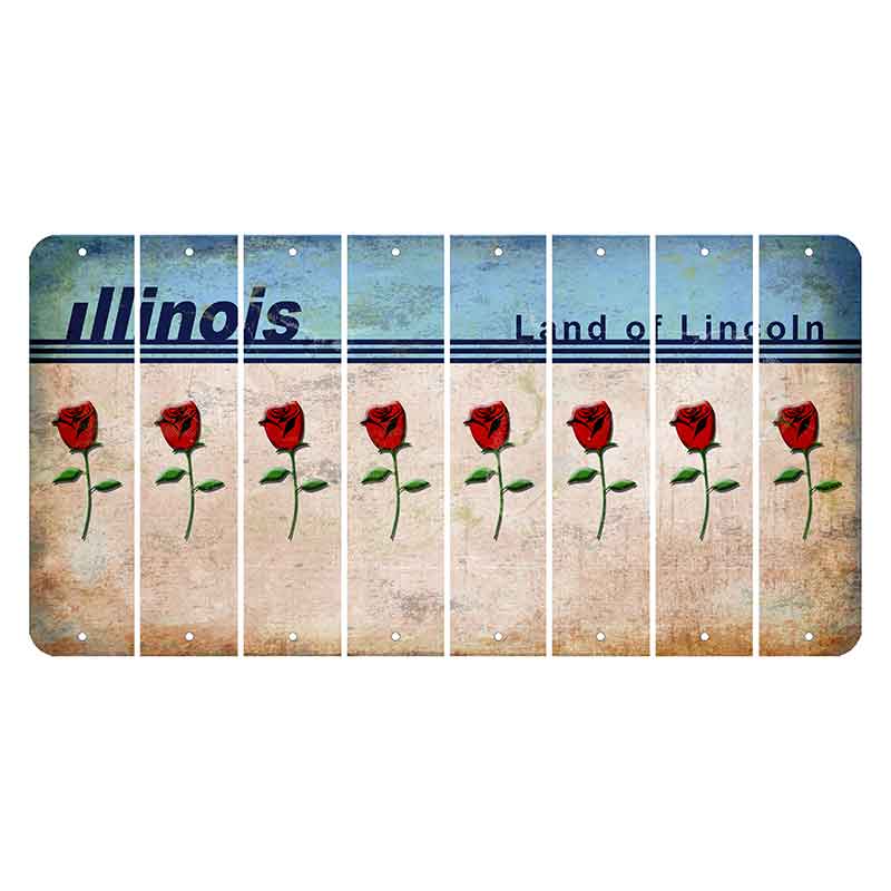 Illinois Light Blue Cut License Plate Strips (Set of 8) Red Rose