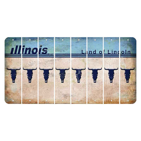 Illinois Light Blue Cut License Plate Strips (Set of 8) Cow Skull