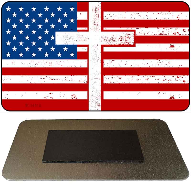 American Flag with Cross Novelty Metal Magnet M-14518