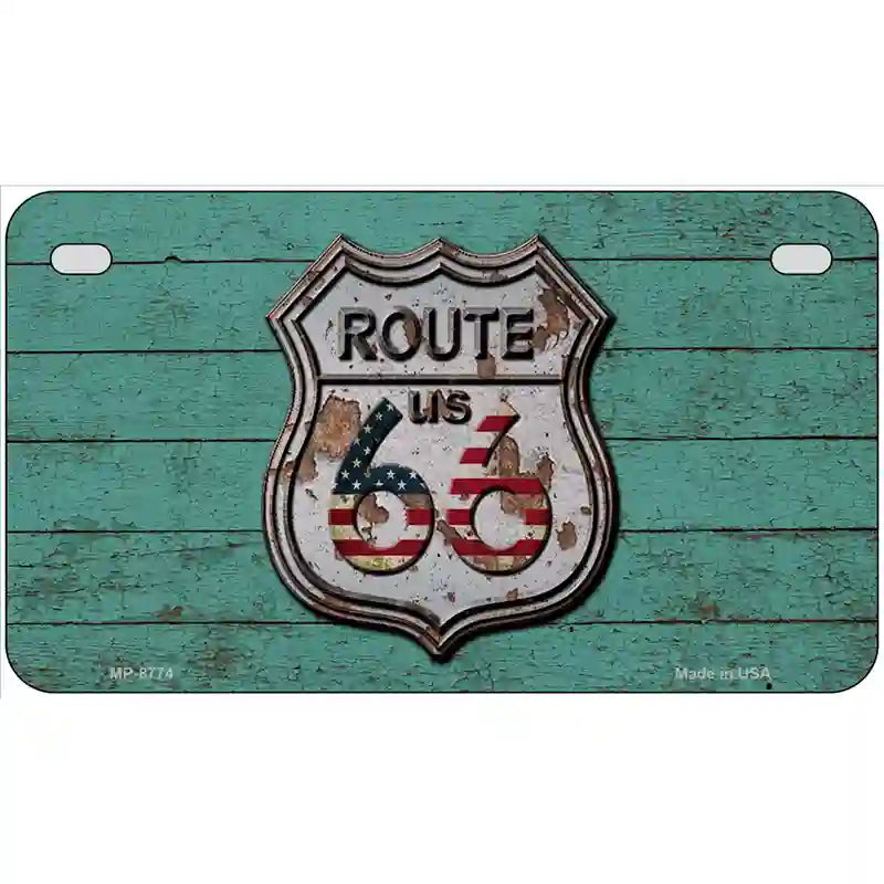 Route 66 Rusty On Wood Metal Novelty License Plate 7" x 4" (MP)