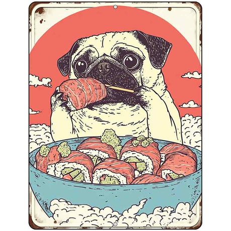 Pug Eating Sushi Bowl Metal Novelty Mini Parking Sign PM-4480