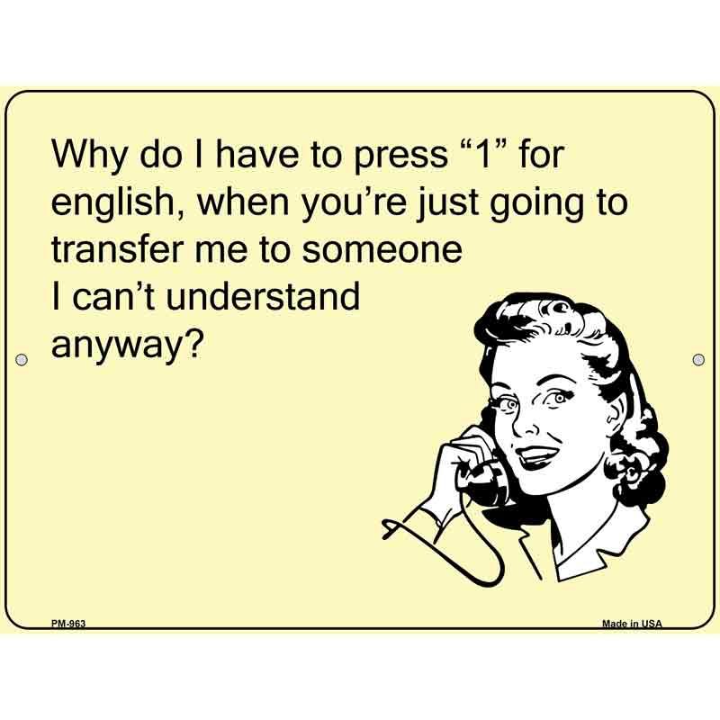 Press 1 For English E-Cards Metal Novelty Parking Sign 4.5" x 6" (PM)