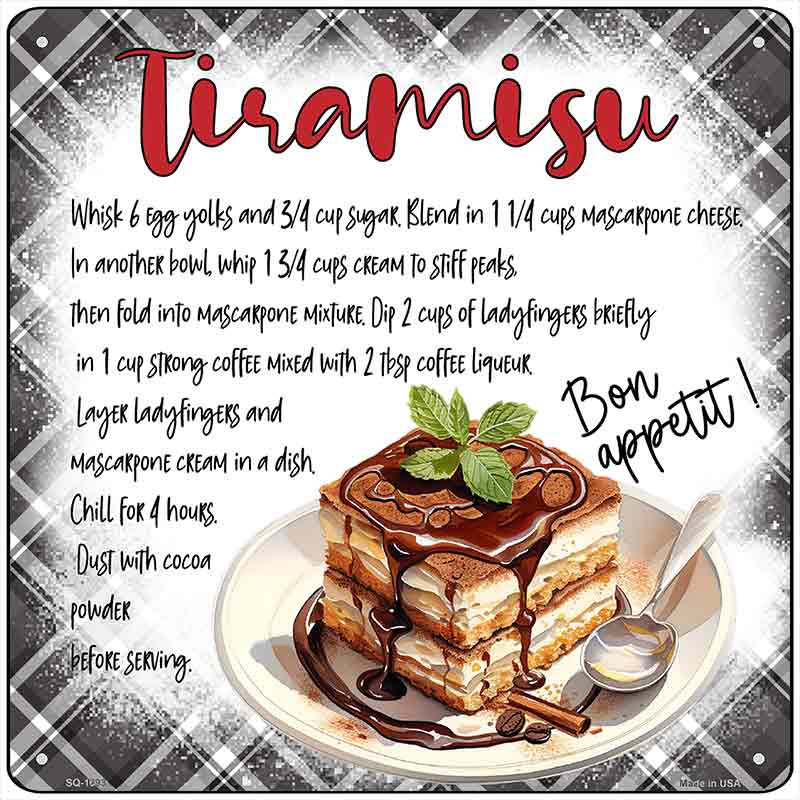 Tiramisu Recipe Novelty Metal Square Sign SQ-1693