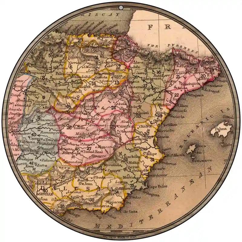 Spain Map Novelty Metal Circle Sign 8" (UC)