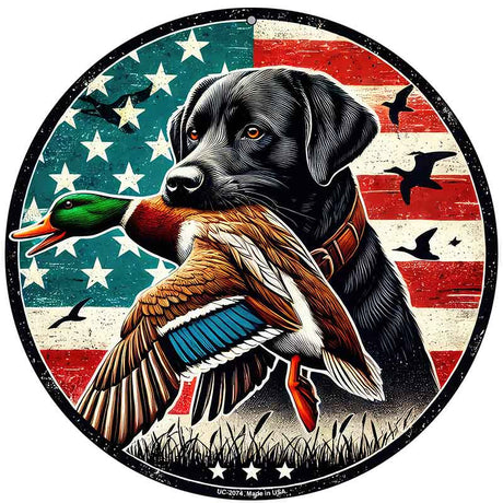 Black Lab with Duck Novelty Metal Circular Sign C-2074