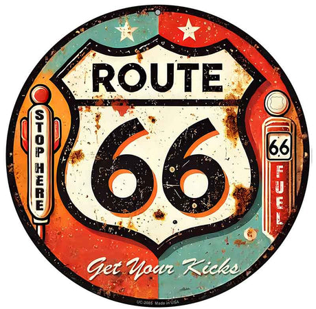 Retro Route 66 Novelty Metal Circular Sign C-2085