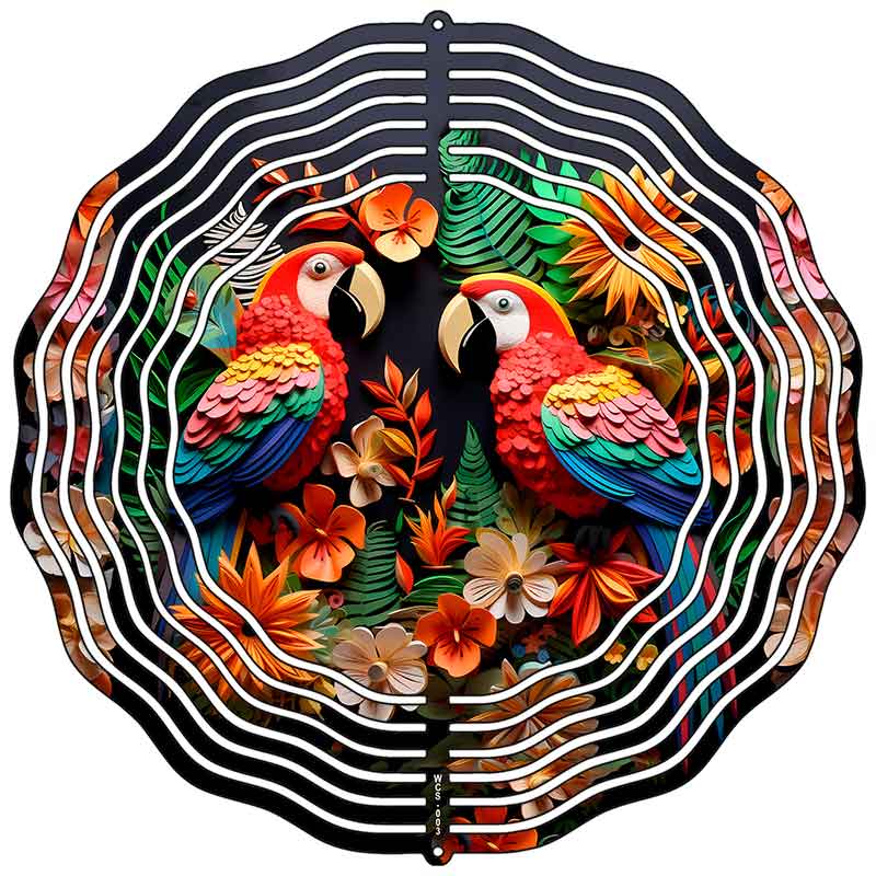 Two Parrots with Flowers Novelty Metal Wind Spinner