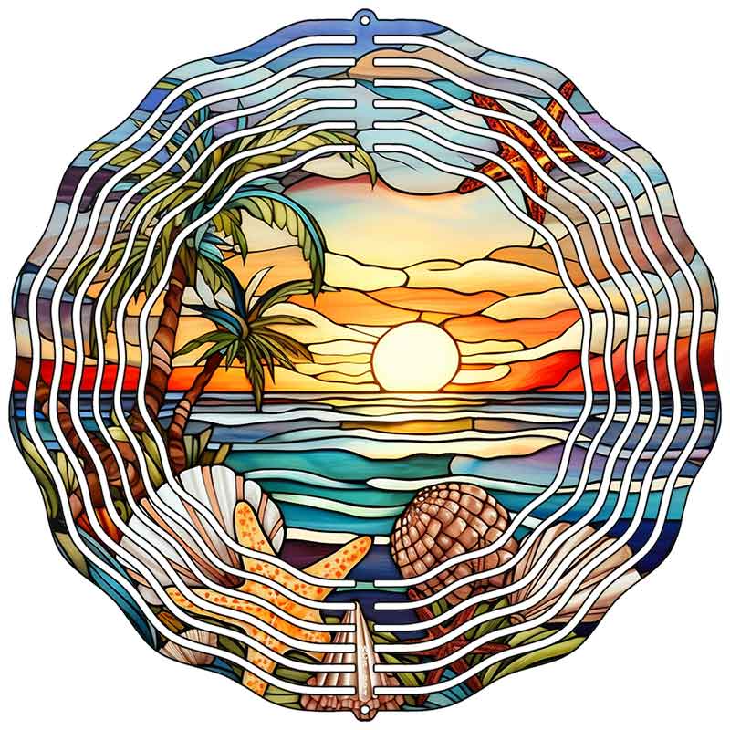 Ocean Sunset Palm Tree Stained Glass Novelty Metal Wind Spinner