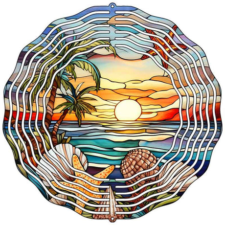 Ocean Sunset Palm Tree Stained Glass Novelty Metal Wind Spinner