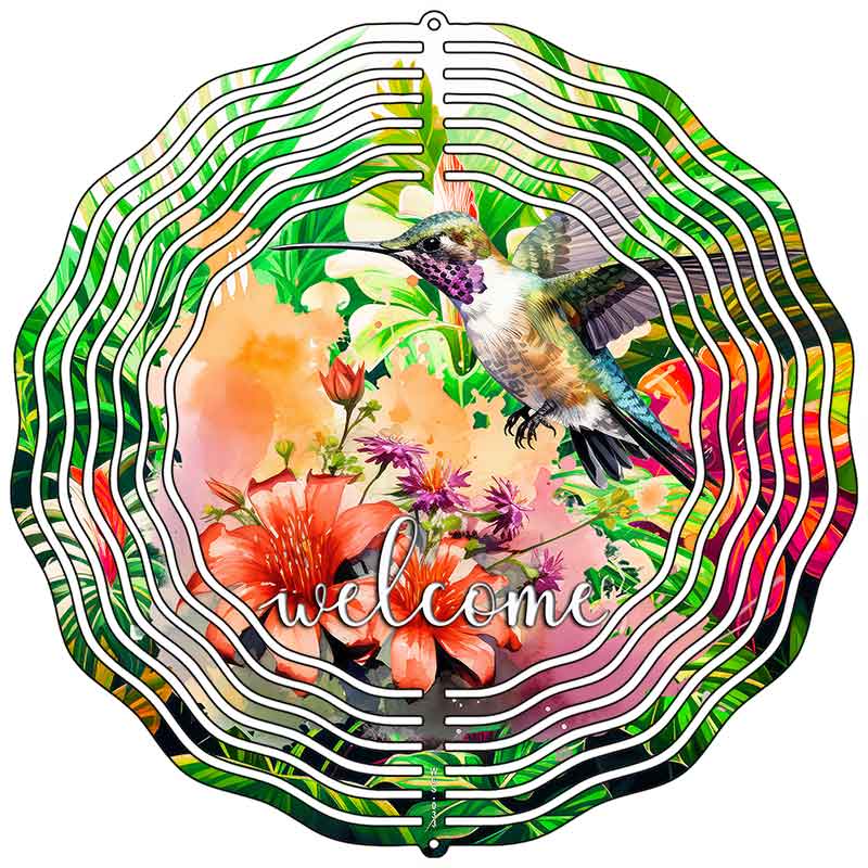 Hummingbird Welcome Flowers Novelty Metal Wind Spinner