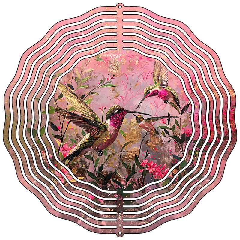 Hummingbirds Pink Background Novelty Metal Wind Spinner