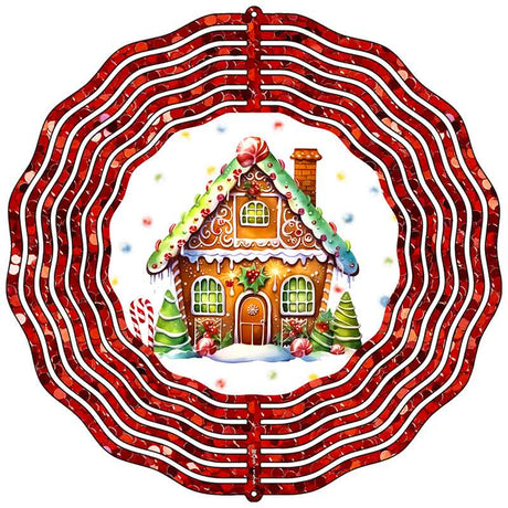 Gingerbread House in Red Glitter Wreath Novelty Metal Wind Spinner