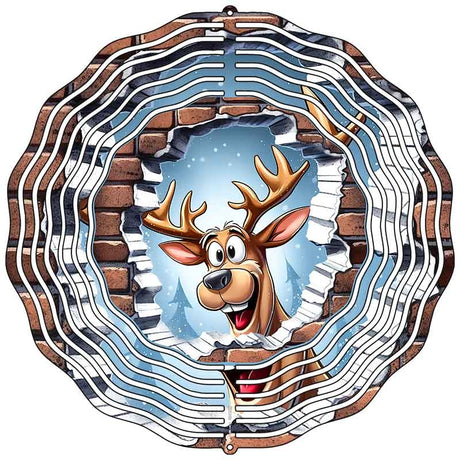 Reindeer Snowie Brick Wall Novelty Metal Wind Spinner