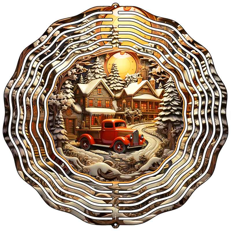 Red Pickup Christmas Scene Novelty Metal Wind Spinner