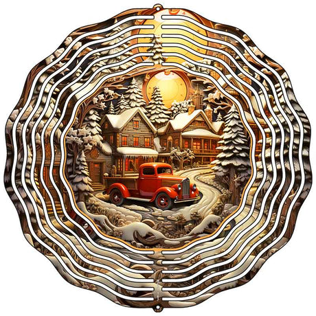 Red Pickup Christmas Scene Novelty Metal Wind Spinner