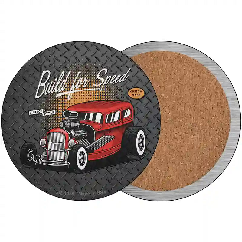 Built For Speed Red Hotrod Novelty Circle Coaster Set of 4