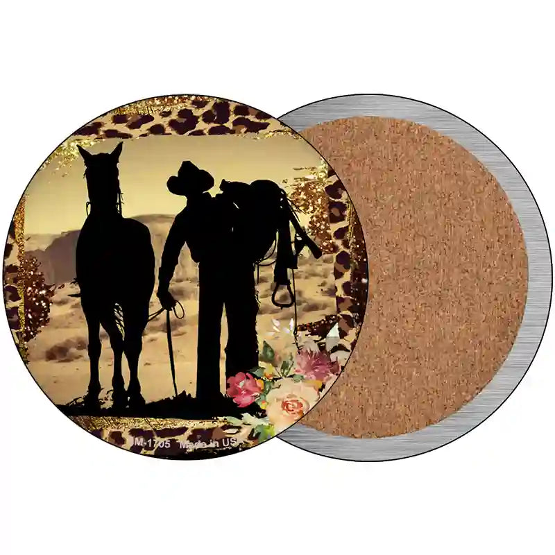 Cowboy With Horse Silhouette Novelty Circle Coaster Set of 4