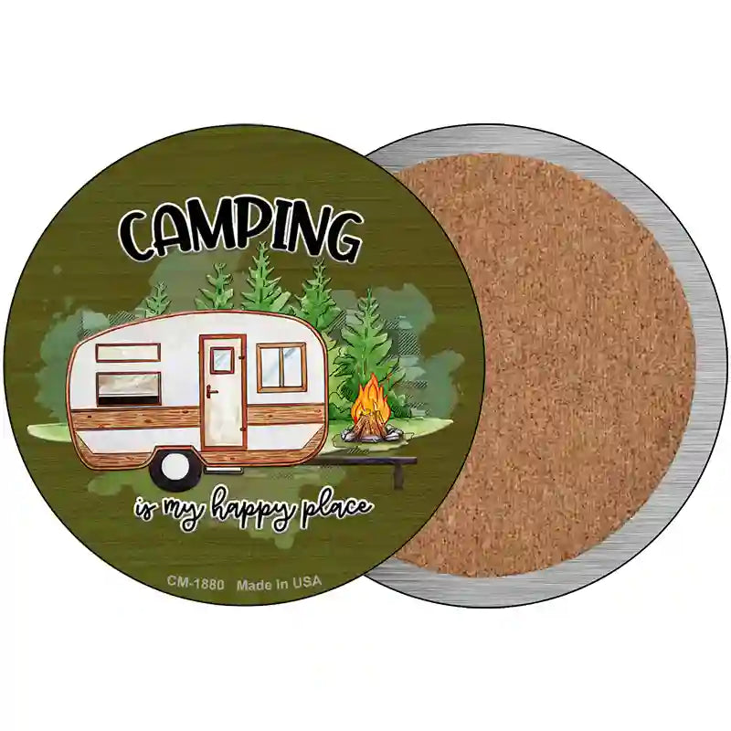 Camping Is My Happy Place Novelty Circle Coaster Set of 4