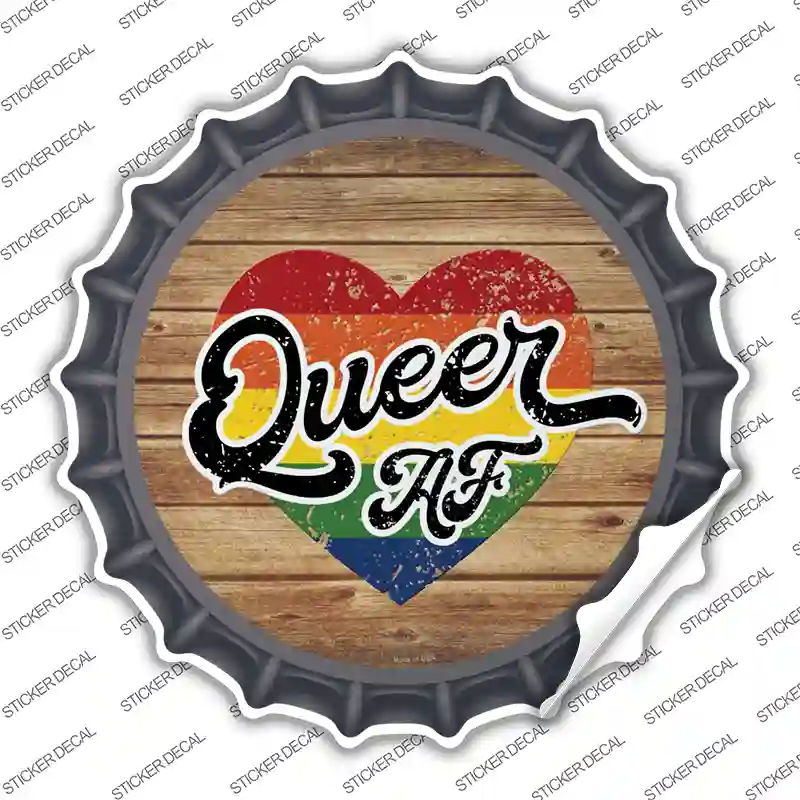Queer AF Heart On Wood Novelty Bottle Cap Sticker Decal