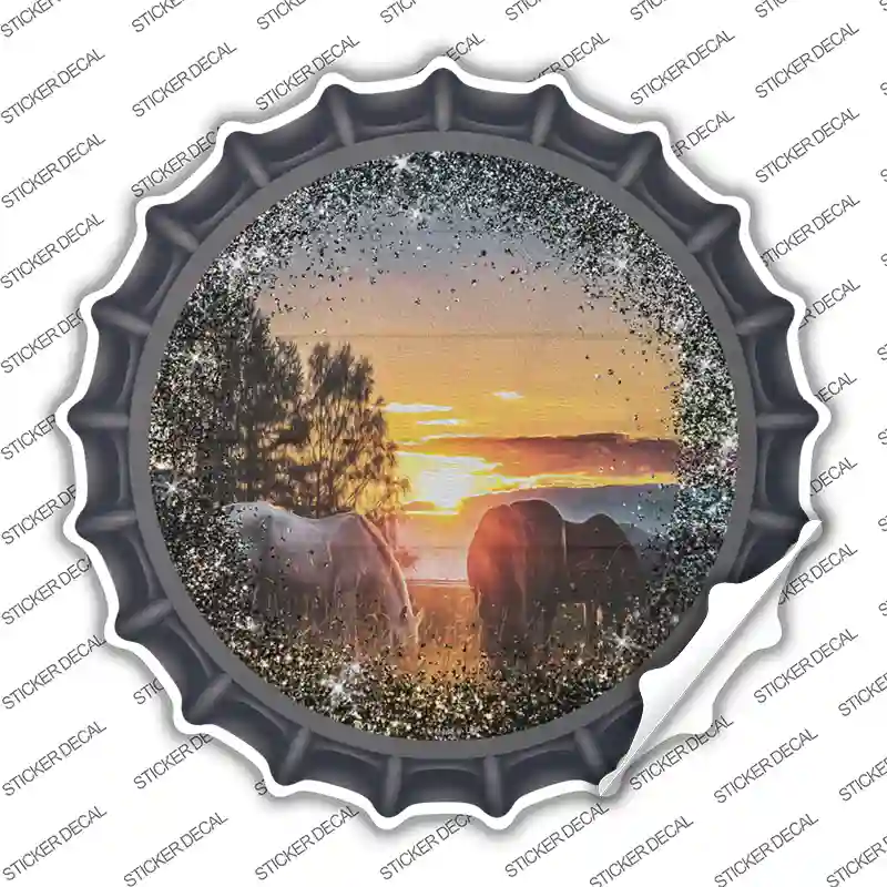 Horses Eating in Sunset Novelty Bottle Cap Sticker Decal