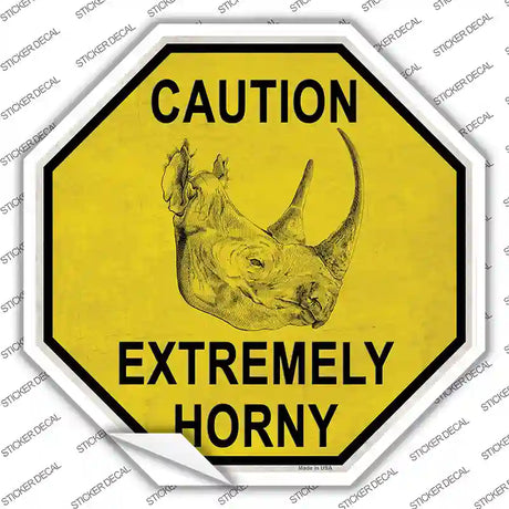 Caution Extremely Horny Rhino Novelty Octagon Sticker Decal Small