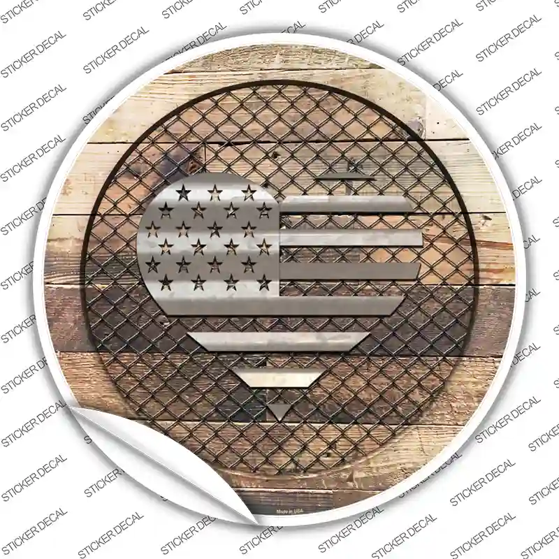 American Flag Heart on Wood Novelty Circle Sticker Decal