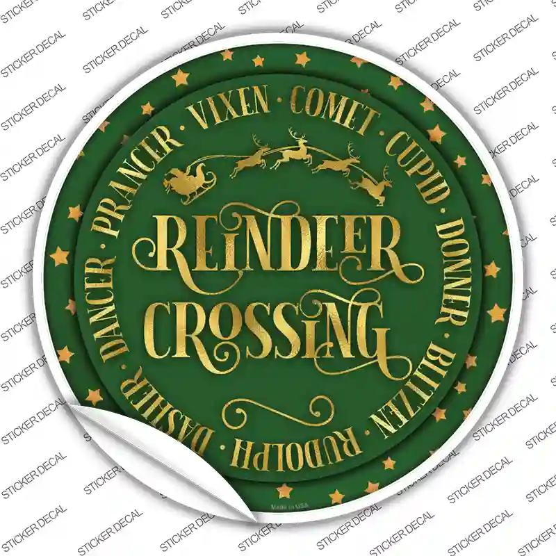 Reindeer Crossing Green Novelty Circle Sticker Decal