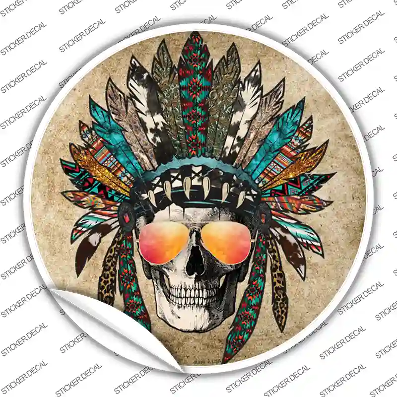 Headress Skull With Aviators Novelty Circle Sticker Decal