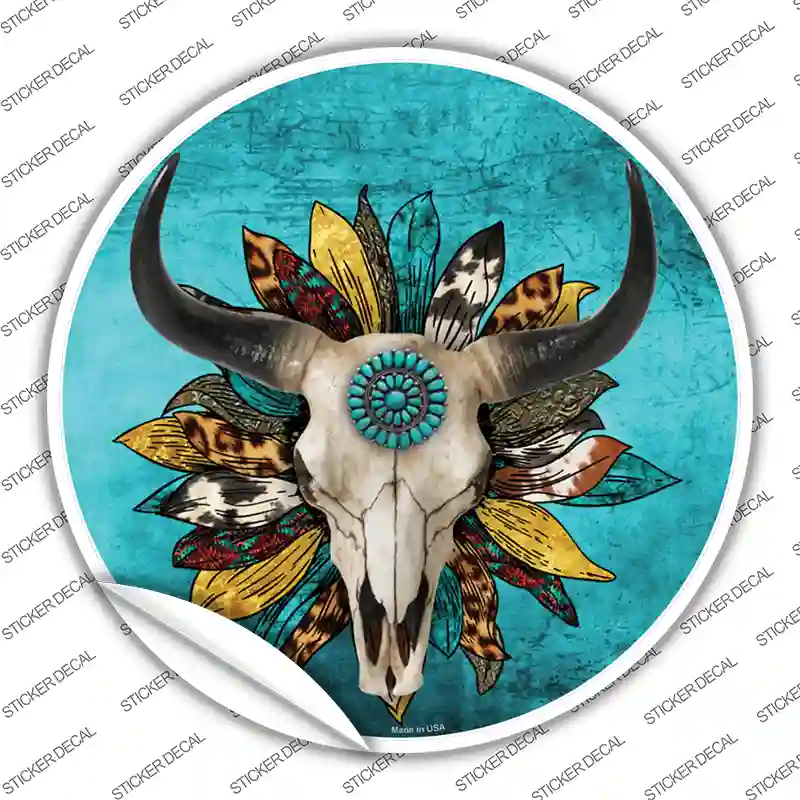 Cow Skull Sunflower Turquoise Novelty Circle Sticker Decal