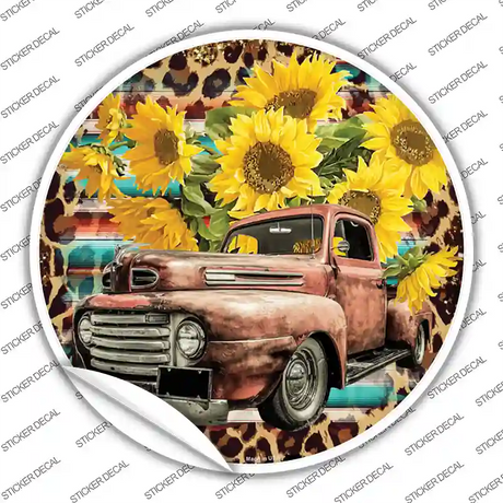 Rusty Truck With Sunflowers Novelty Circle Sticker Decal
