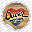 Queer AF Heart On Wood Novelty Circle Sticker Decal