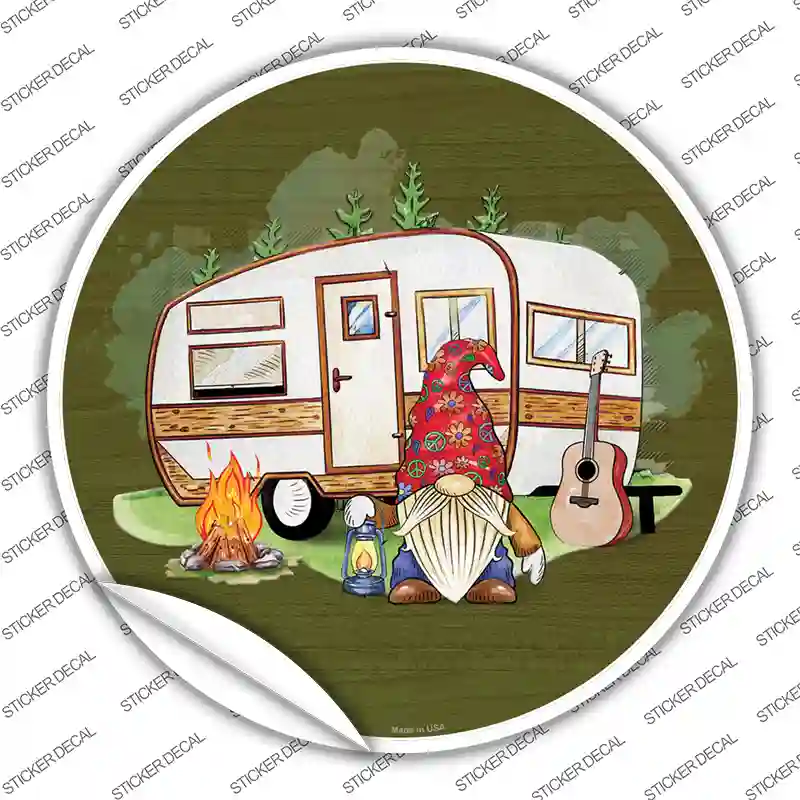 Camping Gnome Novelty Circle Sticker Decal