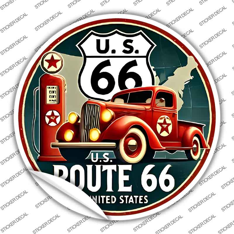 Red Truck on Route 66 Novelty Circle Sticker Decal C-2087s