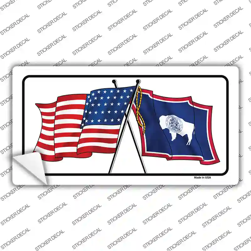 Wyoming Crossed US Flag Novelty Sticker Decal