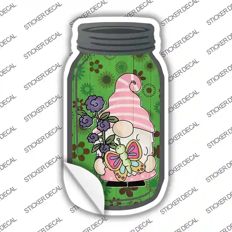 Gnome With Flowers and Butterfly Novelty Mason Jar Sticker Decal