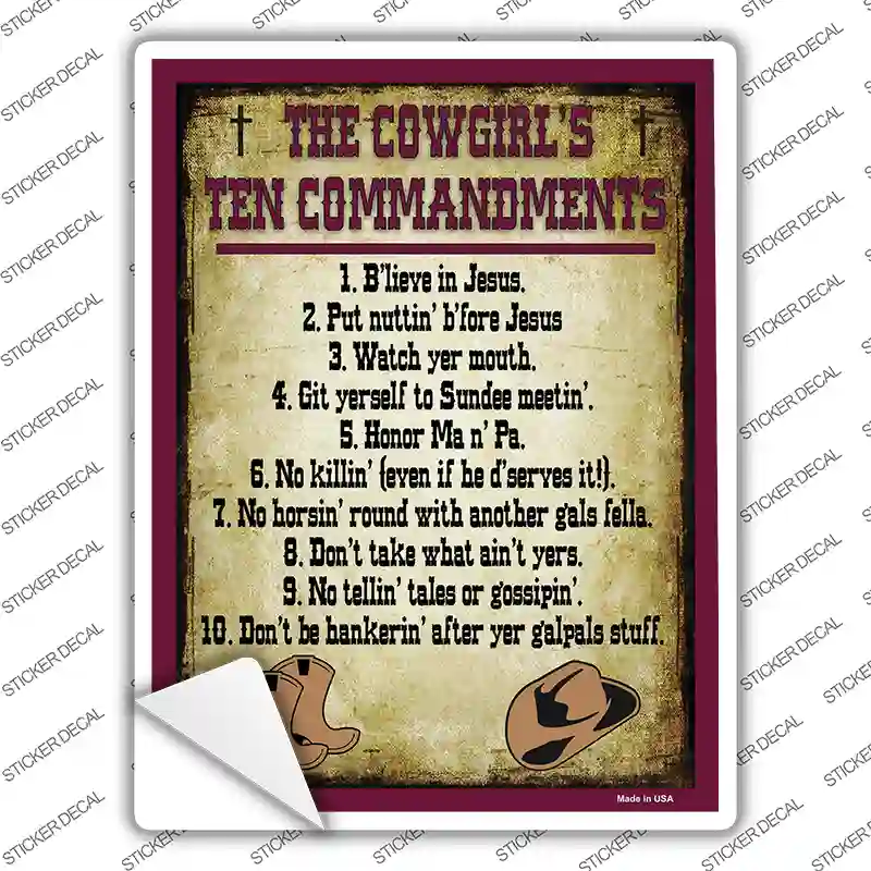 Cowgirls Ten Commandments Vertical Novelty Rectangle Sticker Decal
