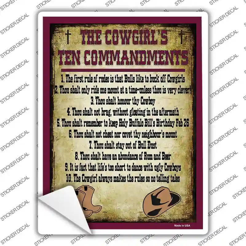 Cowgirls Ten Commandments Maroon Novelty Rectangle Sticker Decal