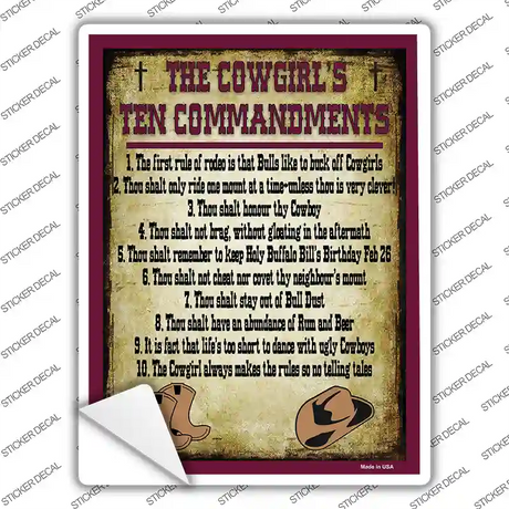 Cowgirls Ten Commandments Maroon Novelty Rectangle Sticker Decal