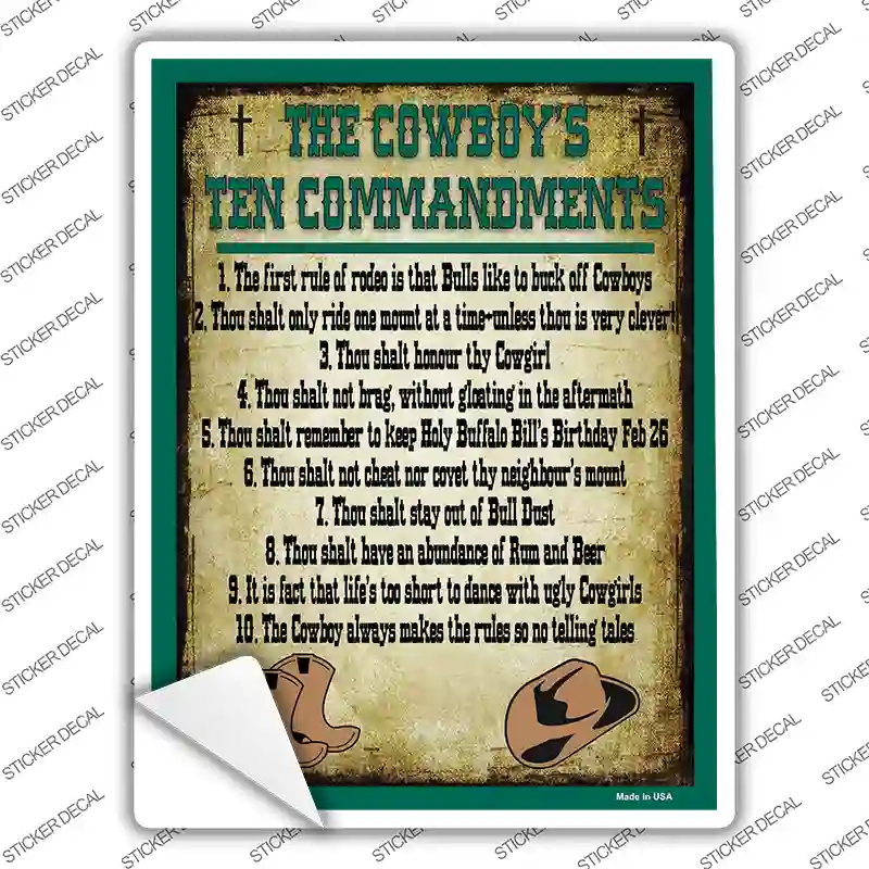 Cowboys Ten Commandments Green Novelty Rectangle Sticker Decal