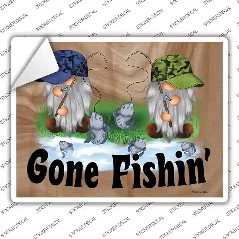 Gone Fishing Two Camo Gnomes Novelty Rectangle Sticker Decal