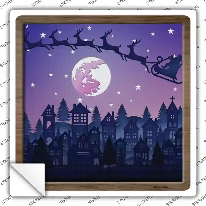 Santa Over Town Shadow Box Novelty Square Sticker Decal